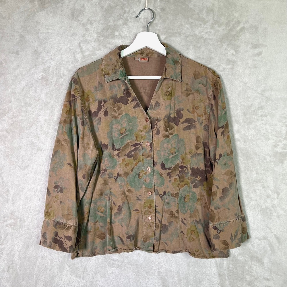 Tianello Tencel Blend Floral Suzy Blouse Large‎ Button-Up Shirt Earth Tone Artsy
